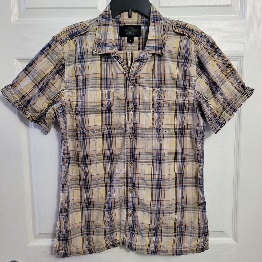 Men Size Large Harley-Davidson Casual Button-down Shirt Plaid Beige Blue